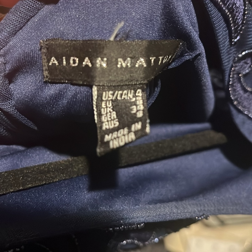 Aidan MATTOX ($475) Beaded Sheer Mesh Sleeve Navy Blue Cocktail Dress 4 - Picture 11 of 14